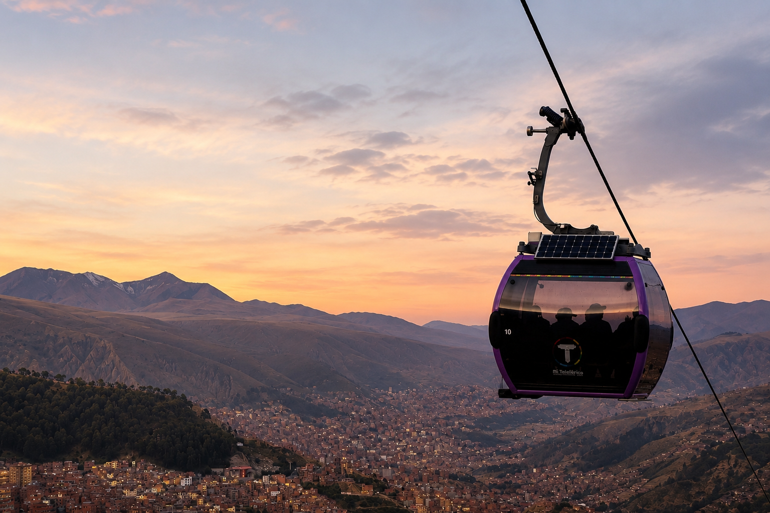 Cable cars gliding over the hills of La Paz, Bolivia